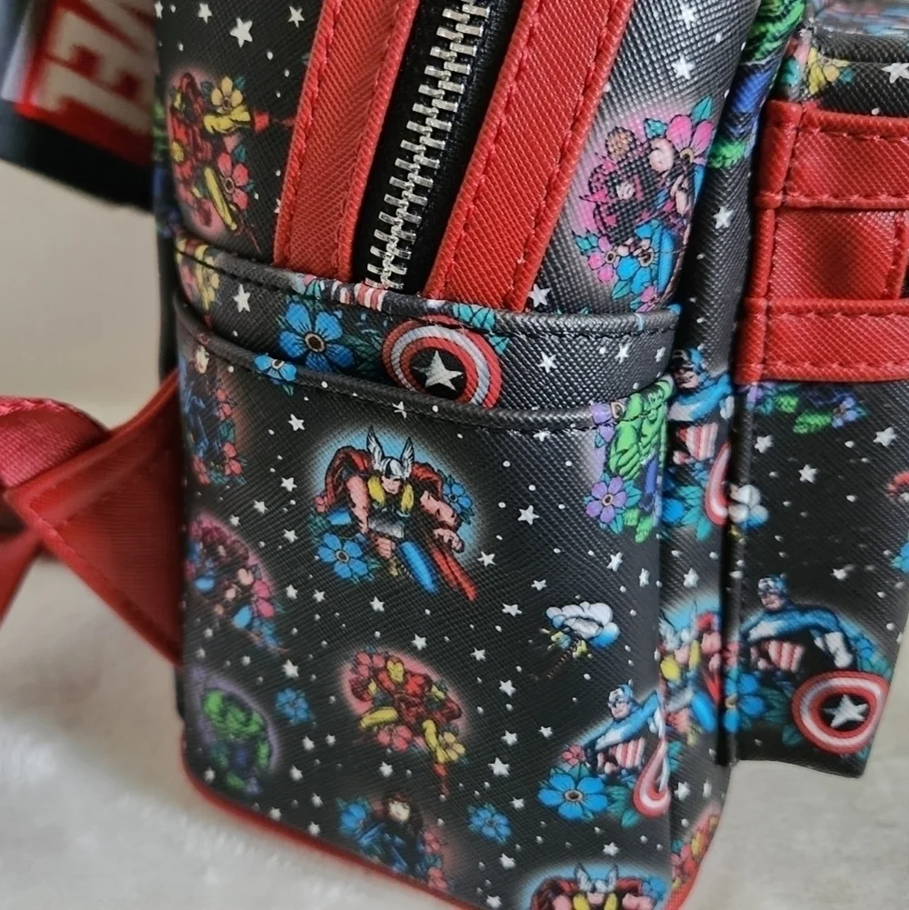 Loungefly Marvel Avengers Tattoo Floral Black Red Mini Backpack NWT